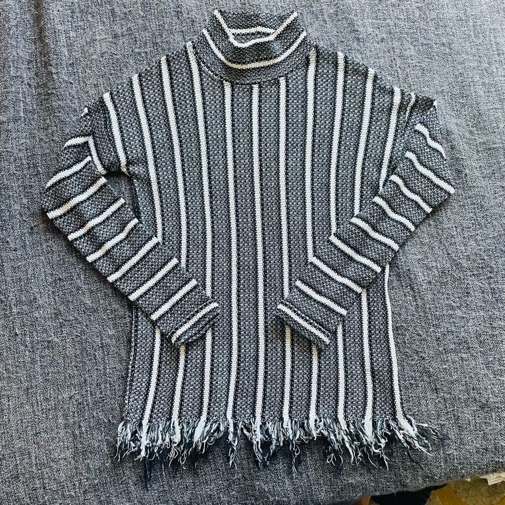 TopShop Long sleeve woven striped high neck frayed hem sweater size 0